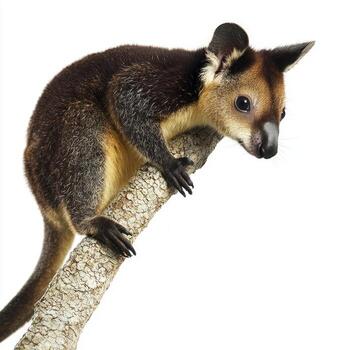 Brightly colored and captivating, a tree kangaroo skillfully navigates a sturdy branch. Its thick fur and long tail enhance its appeal, showcasing its climbing prowess. photo