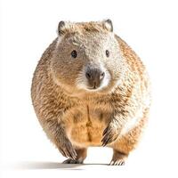 northern hairy-nosed wombat captures attention with its unique physique, featuring a round body and delicate ears while standing still against a stark white background. photo