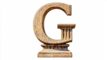 letter G stands tall, crafted with an antique column texture that exudes sophistication. It is isolated against a pristine white background, perfect for diverse creative uses. photo
