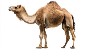 striking camel gracefully poses with its head turned, displaying its distinctive humps and elegant form. The contrast against the white background enhances its natural beauty. photo