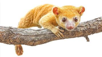 cuscus elegantly hangs from a sturdy branch, its thick fur glowing in golden hues while large, expressive eyes convey curiosity and playfulness amidst a bright, white backdrop. photo