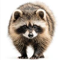 With its striking thick fur and bushy tail, a raccoon dog stands confidently in front of a white background, showcasing its unique features and captivating charm. photo