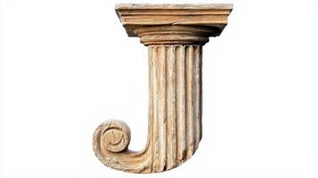 beautifully crafted letter J showcases an intricate antique column texture, standing out against a pristine white background. Perfect for artistic endeavors and design inspiration. photo