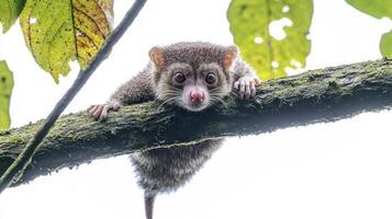 playful cuscus is seen hanging from a tree branch, showcasing its thick fur and large, expressive eyes. The lush surroundings create a peaceful atmosphere in nature. photo