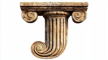 artwork features a stunning letter J shaped like an antique column, highlighting the intricate textures and details of classic architecture. The piece stands against a pristine white background. photo