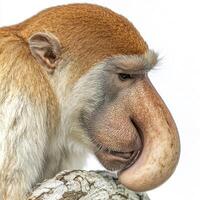 proboscis monkey is relaxing on a branch, its unique long nose and beautifully textured fur highlighted against a white background, embodying serenity in nature. photo