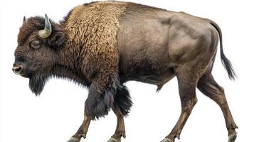 European bison strides purposefully, its muscular build and large head capturing attention against a pure white backdrop, emphasizing its strength and grace in motion. photo