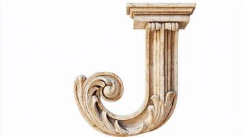 intricately designed letter J reflects an antique column style, set against a clean white background, perfect for artistic and creative design projects. photo