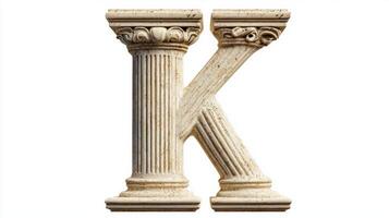 striking letter K, fashioned from antique column elements, stands out with its intricate detailing against a clean white background, perfect for creative designs. photo
