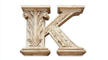 striking letter K features intricate antique column detailing, embodying a blend of classic artistry and modern aesthetics. Set against a clean white backdrop, it captivates the viewer. photo