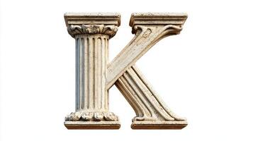 creative depiction showcases the letter K, crafted with an intricate antique column texture. The contrast against the pristine white background emphasizes its timeless beauty and artistic flair. photo