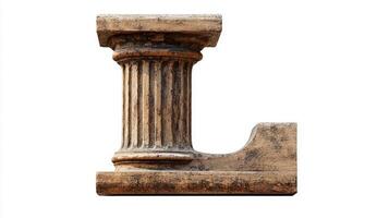 letter L, crafted with an antique column design, features detailed textures and a weathered finish, set against a clean white backdrop to enhance its elegance and charm. photo