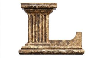artistic representation features a beautifully aged letter L, inspired by antique column designs, isolated on a white backdrop to highlight its detailed texture and craftsmanship. photo