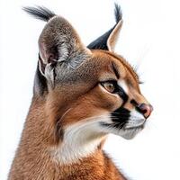 caracal sits gracefully, its tufted ears perked up, showcasing elegant fur and an inquisitive expression against a pristine white background. photo