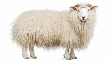charming fluffy white sheep with a lush, woolly coat gazes forward, showcasing its unique features and soft texture, perfectly highlighting its natural beauty. photo