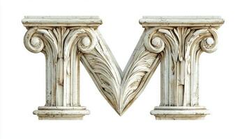 elegant Letter M stands prominently, designed with antique column textures that highlight its historical artistry on a clean white background, inviting admiration. photo