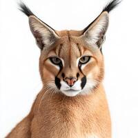 stunning caracal showcases its majestic presence, with prominent tufted ears and vibrant fur, set against a clean white background, exuding grace and poise. photo