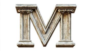beautifully crafted letter M showcases intricate antique column textures, set against a pristine white backdrop, perfect for unique design applications and artistic inspiration. photo