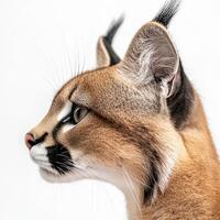 majestic caracal is captured in profile, its striking tufted ears standing alert. The detailed fur and focused expression highlight the beauty of this wild feline in a serene setting. photo