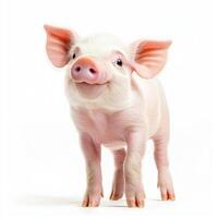 delightful piglet showcases its charm with floppy ears and a joyful expression, standing confidently on its short legs in a bright, neutral setting. photo