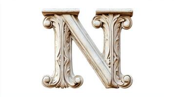 letter N is beautifully crafted with an antique column texture, showcasing intricate details against a pristine white backdrop, perfect for creative projects. photo