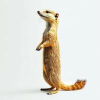 In an intriguing display of curiosity, a yellow mongoose rises on its hind legs, revealing its slender body and lively bushy tail while isolated against a pristine white background. photo