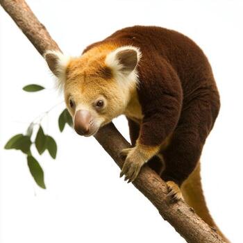 tree kangaroo expertly navigates a branch, highlighting its vibrant fur and impressive tail while surrounded by a minimalist white background. photo