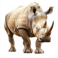 white rhino stands confidently with its large horn and rugged skin, highlighting its strength and beauty in a striking, isolated setting. photo