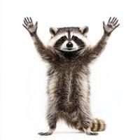 curious raccoon stands on its hind legs, raising its front paws in an engaging pose. Its distinctive black mask and fluffy, ringed tail are highlighted against a stark white backdrop. photo