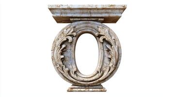 letter O is presented in an antique column style, showcasing detailed textures that evoke a sense of history and artistry against a bright white backdrop. photo