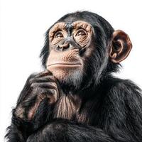 chimpanzee sits contemplatively, resting its chin on its hand, wearing a thoughtful expression that captures a moment of introspection. The bright white background highlights its features. photo