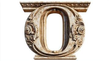 letter O emerges in a striking antique design, featuring intricate column-like textures and decorative embellishments, set against an immaculate white background. photo