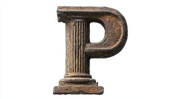 beautifully crafted letter P showcases intricate antique column detailing, standing proudly against a clean white backdrop, symbolizing artistry and elegance. photo