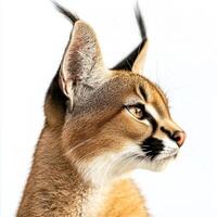 remarkable caracal sits poised, its tufted ears elegantly raised, revealing a stunning array of detailed fur and captivating eyes, all set against a soft white background. photo