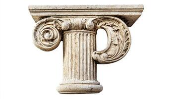 letter P, crafted from an antique column design, showcases intricate details in its structure. Set against a pristine white backdrop, it highlights the beauty of classical artistry. photo