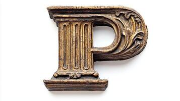 beautifully crafted letter P showcases antique column texture, revealing intricate designs that highlight its historical charm on a clean white background. photo
