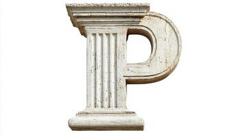 artwork features an ornate letter P, designed with a classic column texture, reflecting timeless elegance on a clean white background. It's perfect for creative projects. photo