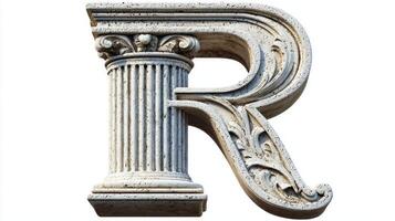 Adorned with intricate column textures, the letter R embodies a sense of timeless elegance, merging the charm of antiquity with modern artistic flair against a crisp white backdrop. photo