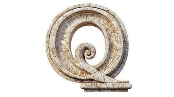 intricately designed letter Q features a textured antique column effect, highlighting its elegance. The realistic craftsmanship captivates with its unique, artistic charm on a white background. photo