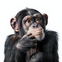curious chimpanzee rests its chin on its hand, displaying a thoughtful expression as it gazes into the distance, captured in an isolated setting. photo