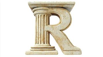 letter R stands majestically, sculpted from an antique column texture, conveying a sense of history and artistry against a clean white background, inviting admiration and creativity. photo