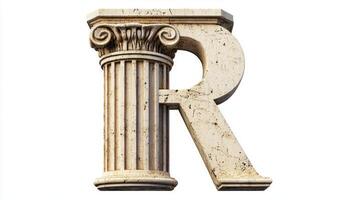 letter R is artistically crafted with an antique column texture, offering a classic elegance that stands out against a white backdrop, ideal for artistic presentations. photo