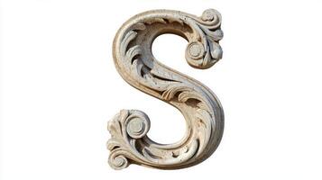 elegant letter S features a beautifully carved antique column texture, showcasing artistic details against a pristine white background, highlighting its unique aesthetic appeal. photo
