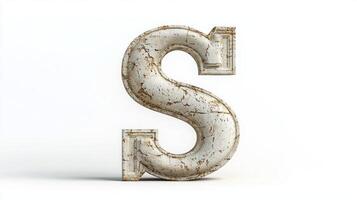 letter S is beautifully crafted with a textured antique column surface, standing isolated against a pure white background, highlighting its intricate design and classic appeal. photo