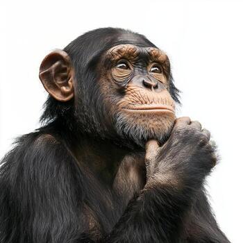 contemplative chimpanzee sits in a peaceful pose, hand resting on its chin, conveying a sense of curiosity and reflection against a stark white backdrop. photo