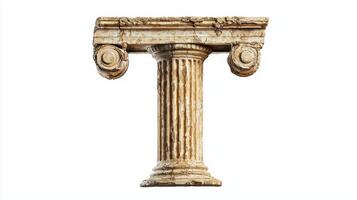 intricately designed letter T mimics the texture of an antique column, featuring a blend of elegance and history, set against a pristine white background that enhances its details. photo