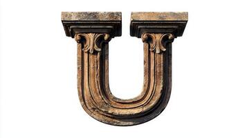 letter U displays a beautifully textured antique column design, creating an elegant and artistic representation against a pristine white background, capturing timeless craftsmanship. photo