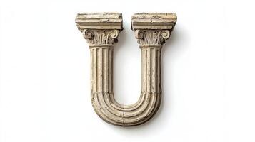 letter U stands prominently, made from a beautifully textured antique column. Its intricate details convey a sense of history and artistry, illuminating the charm of classic architecture. photo