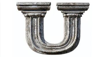letter U, crafted from antique column materials, features detailed textures and a timeless quality, standing out vividly against a clean, white backdrop. photo