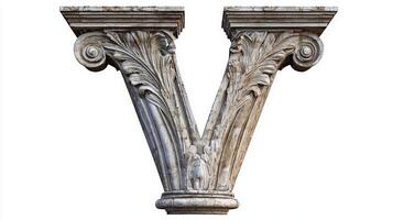 striking letter V features an exquisite antique column texture, exuding artistic elegance. It stands out against a clean white background, perfect for creative projects. photo